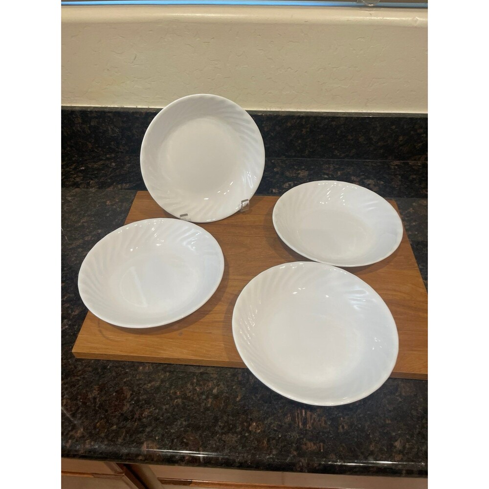 4 Corelle embossed white Flat  Pasta Soup Bowls